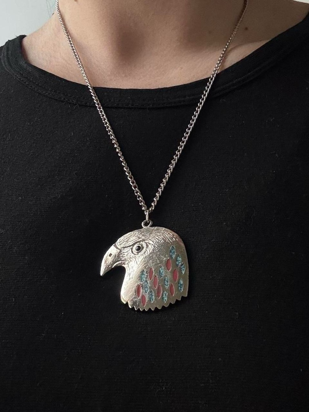 Silver toned red and blue etched fierce eagle necklace